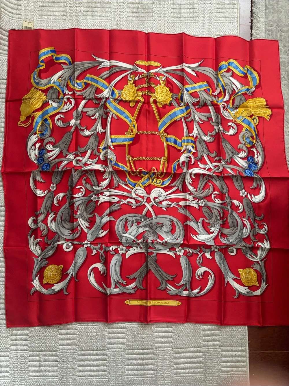 New with tag authentic Hermes Red, Gold, Blue Baroque Silk Scarf